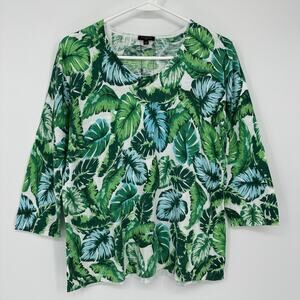Talbots Top Womens PL Green Tropical Leaf Print 3/4 Sleeve Cotton Blouse Resort